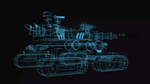 Military tank 3d wireframe with thin blue lines. Tank forces futuristic hologram Stock Footage 172065357