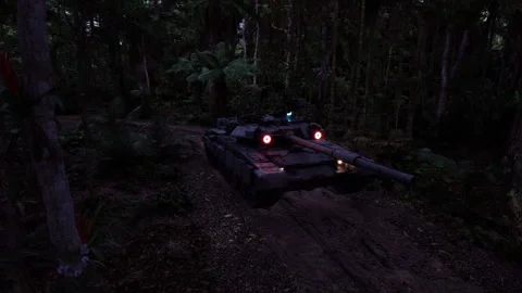 Military tank navigating through dense jungle at dusk during training Stock Footage 315942313