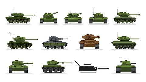 Military tank vector illustrations set of armored vehicles in various views.. Stock Illustration