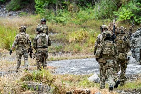 Military team conducts training in a natural setting with focus on teamwork.. Stock Photos