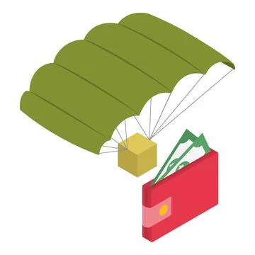 Military technology icon isometric vector. Parachute with parcel box and wallet Illustrazione stock