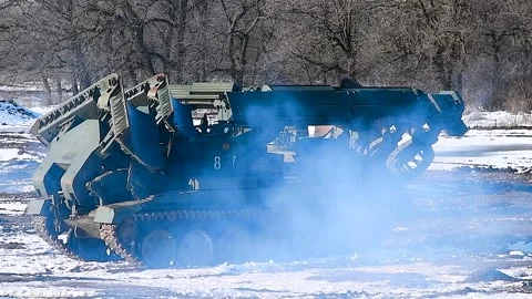 Military tracked vehicle with a large bucket, equipment of the engineering .. Stock Footage 320997853