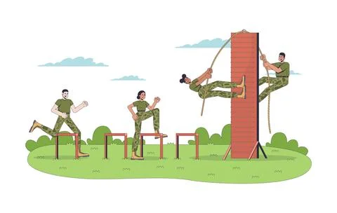 Military training camp obstacle course 2D vector illustration Stock Illustration