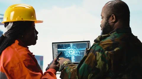 Military unit on offshore rig using AI automated counter terrorism systems Stock Photos