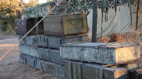 Military wooden ammo boxes Stock Footage