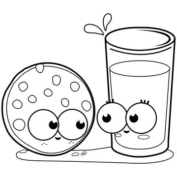 Milk and cookie. Vector black and white coloring page. Stock Illustration