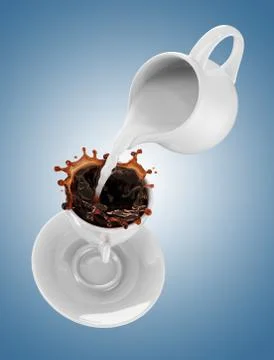 Milk being poured into small cup of coffee. 3d Stock Illustration