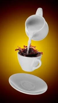Milk being poured into small cup of coffee. 3d Stock Illustration