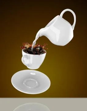 Milk being poured into small cup of coffee. 3d Stock Illustration