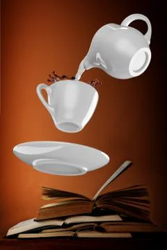Milk being poured into small cup of coffee. 3d Stock-Illustration