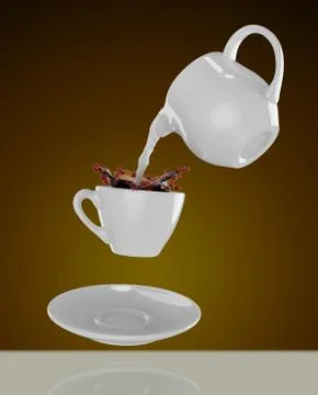 Milk being poured into small cup of coffee. 3d 스톡 일러스트