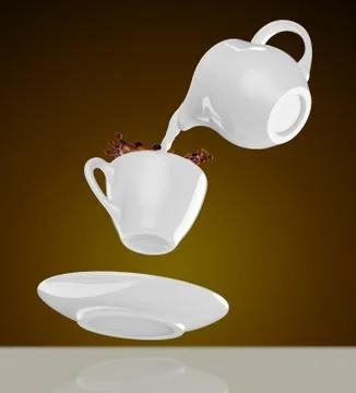 Milk being poured into small cup of coffee. 3d Stock Illustration