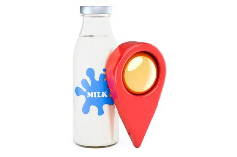 Milk bottle with map pointer. 3D rendering Illustrazione stock