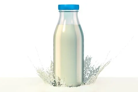 Milk bottle with splash, 3D rendering Stock Illustration