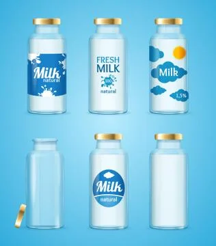 Milk Bottles Drink Set. Vector Illustrazione stock