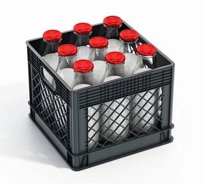 Milk bottles inside plastic crate. 3D illustration Stock Illustration