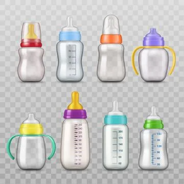 Milk bottles with pacifiers mockups isolated icons Stock Illustration