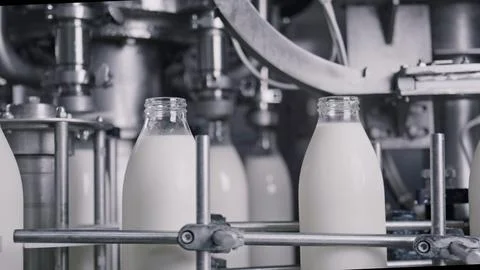 Milk bottling plant processing fresh milk into glass bottles on conveyor belt Stock Illustration