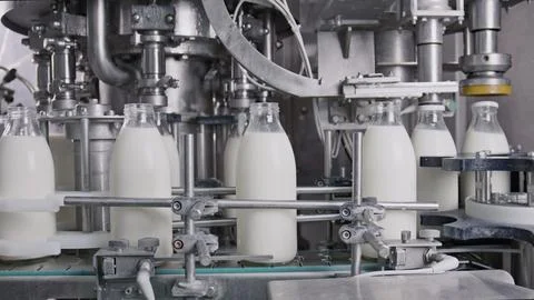 Milk bottling plant processing fresh dairy products on conveyor belt Stock Illustration