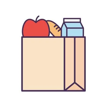 Milk box apple and bread inside bag line and fill style icon vector design Illustrazione stock