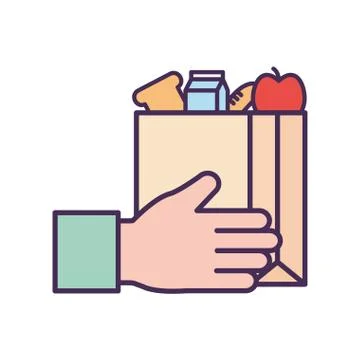Milk box apple and bread inside bag line and fill style icon vector design Illustrazione stock