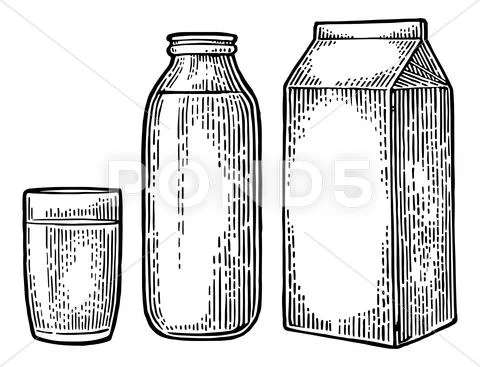 Milk box carton package, glass and bottle. Stock Illustration