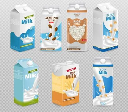 Milk boxes isolated on transparent background Vector realistic. Collection of Stock Illustration