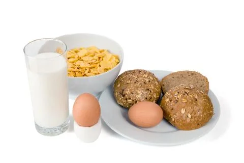 Milk, bread, flakes and eggs Stock Photos