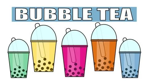 Milk bubble tea of different flavors with straws in cups Illustrazione stock