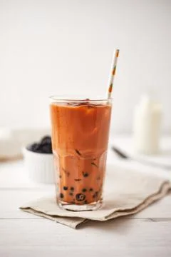 Milk Bubble Tea with Tapioca Pearls. . Stock Photos