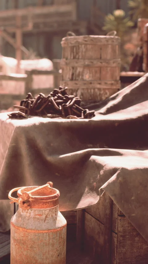 Milk can and items on a table in a farm setting during daylight hours Stock Footage 341048686