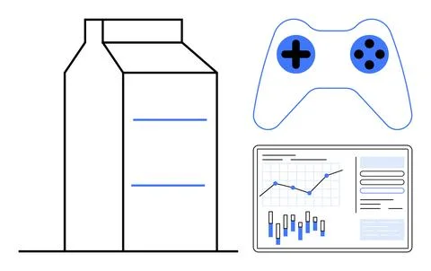 Milk carton, game controller, and business data analytics on screen represe.. イラスト素材