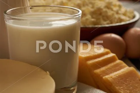 Milk, cheese, eggs close-up Stock Photos