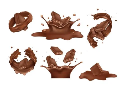 Milk chocolate bar, choco splash. Dark cocoa pieces in motion, cake logo 3d Ilustración de archivo