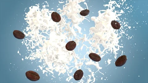 Milk with coffee beans explodes slowly Stock Footage 153200888