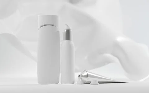 Milk cosmetics on background falling silk cloth. Skin care cosmetic product Ilustración de archivo