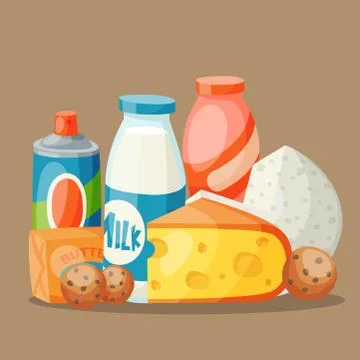 Milk dairy products vector flat style breakfast gourmet organic meal fresh diet Stockillustratie