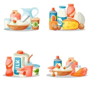 Milk dairy products vector flat style breakfast gourmet organic meal fresh diet Иллюстрация