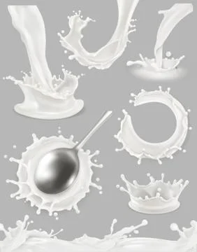 Milk drop and splash. 3d vector object set Stock Illustration