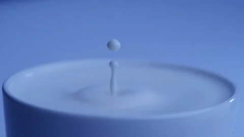 Milk drop falls into the filled cup created ripple wave in slow motion. Stock-Footage 144680103