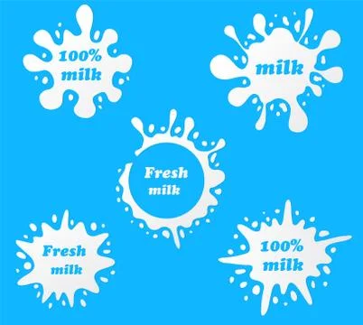 Milk emblems and dairy labels with splashes and blots. Vector milk stains and Illustrazione stock