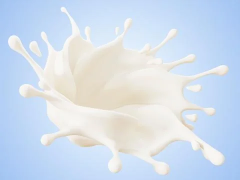 Milk explosion on blue 3d background. White liquid splash with drops, swirl flow Stock Illustration