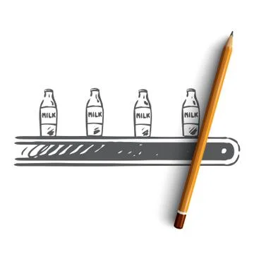 Milk, factory, line, processing, machine concept. Hand drawn isolated vector. Illustrazione stock