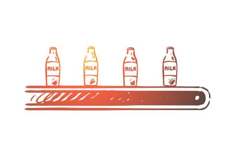 Milk, factory, line, processing, machine concept. Hand drawn isolated vector. Illustrazione stock