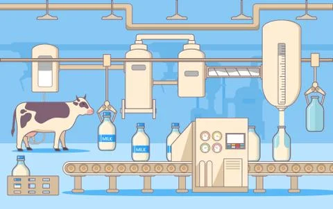 Milk factory production processing. Milk conveyor belt. Automatic machines. Illustrazione stock