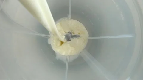 Milk falling into the blender. Top view and slow motion. GOPRO HERO 7 1080p F Video stock 134503947