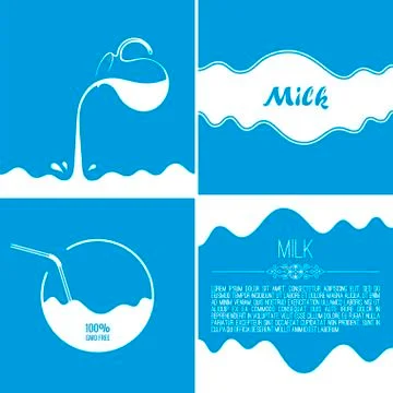 Milk flows from jug. Spray drops and white wave on blue background Stock Illustration