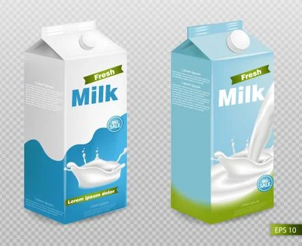 Milk package isolated on transparent Vector realistic with splash. Product pl 스톡 일러스트