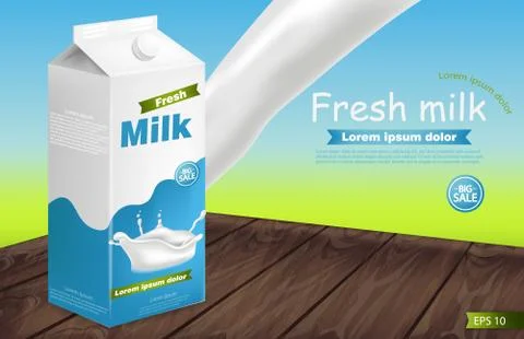 Milk package on wooden table Vector realistic with splash. Product placement  Stock Illustration