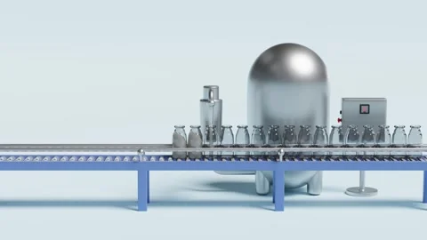 Milk packed into glass bottles using machinery isolated on blue background... Video stock 267060497